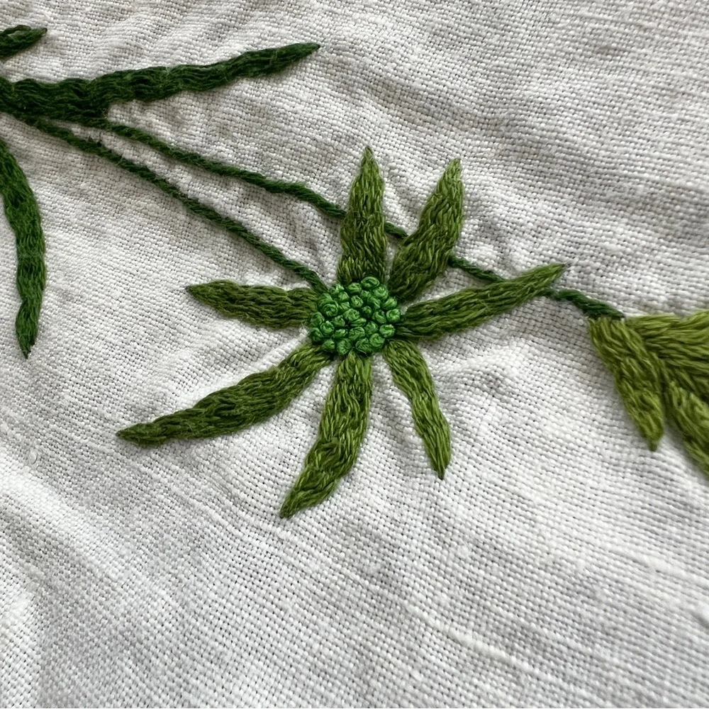 Vintage hand embroidered white linen tablecloth plants dragonflies green gold